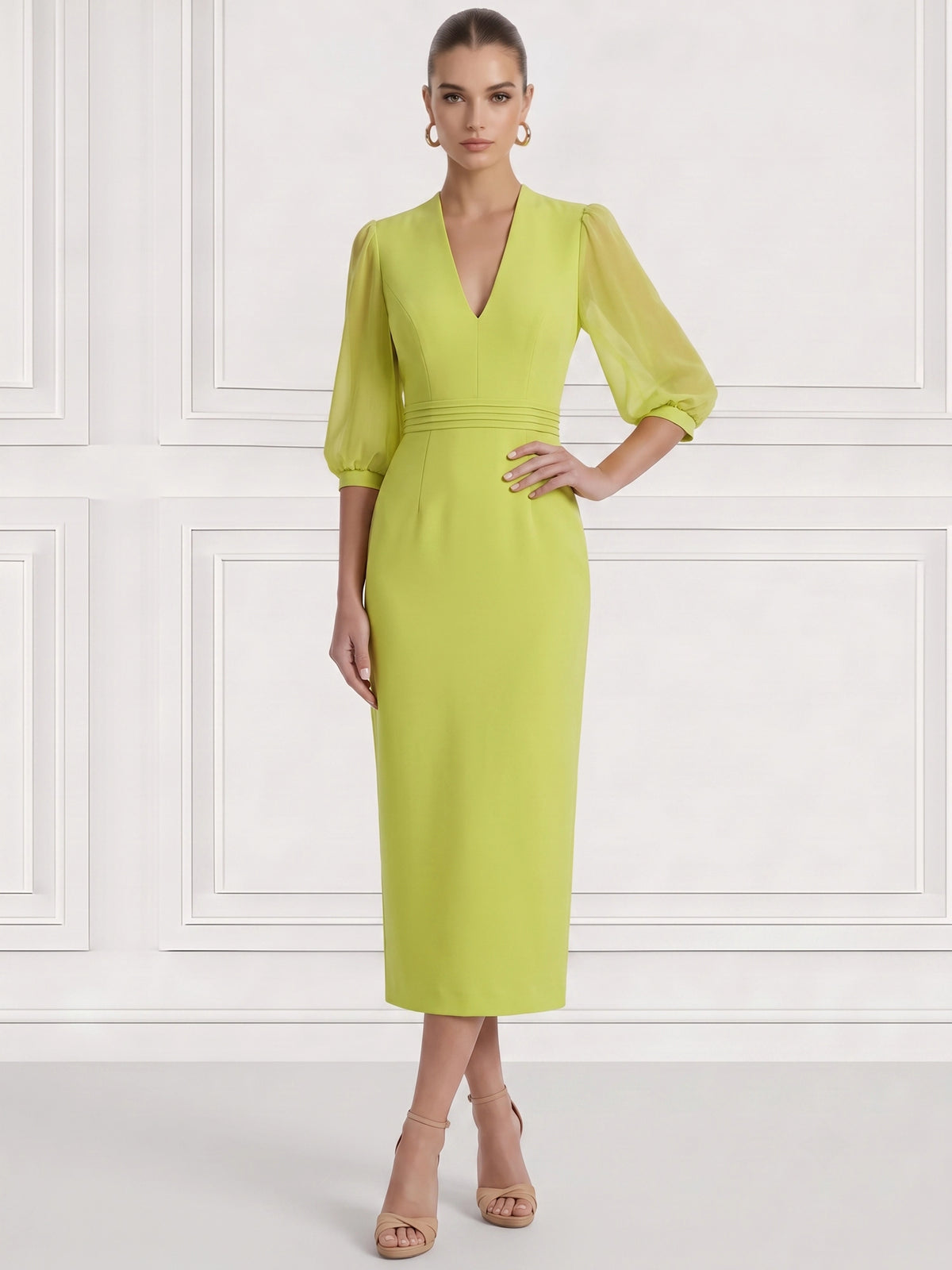Sheath/Column Cocktail Party Dress V Neck Long Sleeves Ankle Length Formal Dress With Back Slit