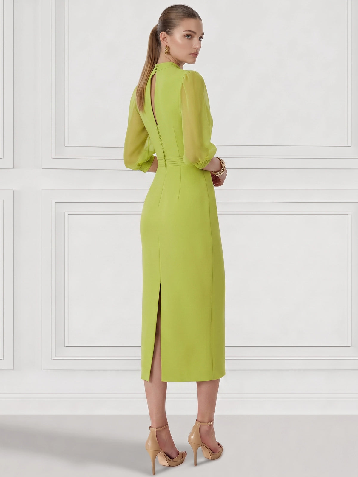 Sheath/Column Cocktail Party Dress V Neck Long Sleeves Ankle Length Formal Dress With Back Slit