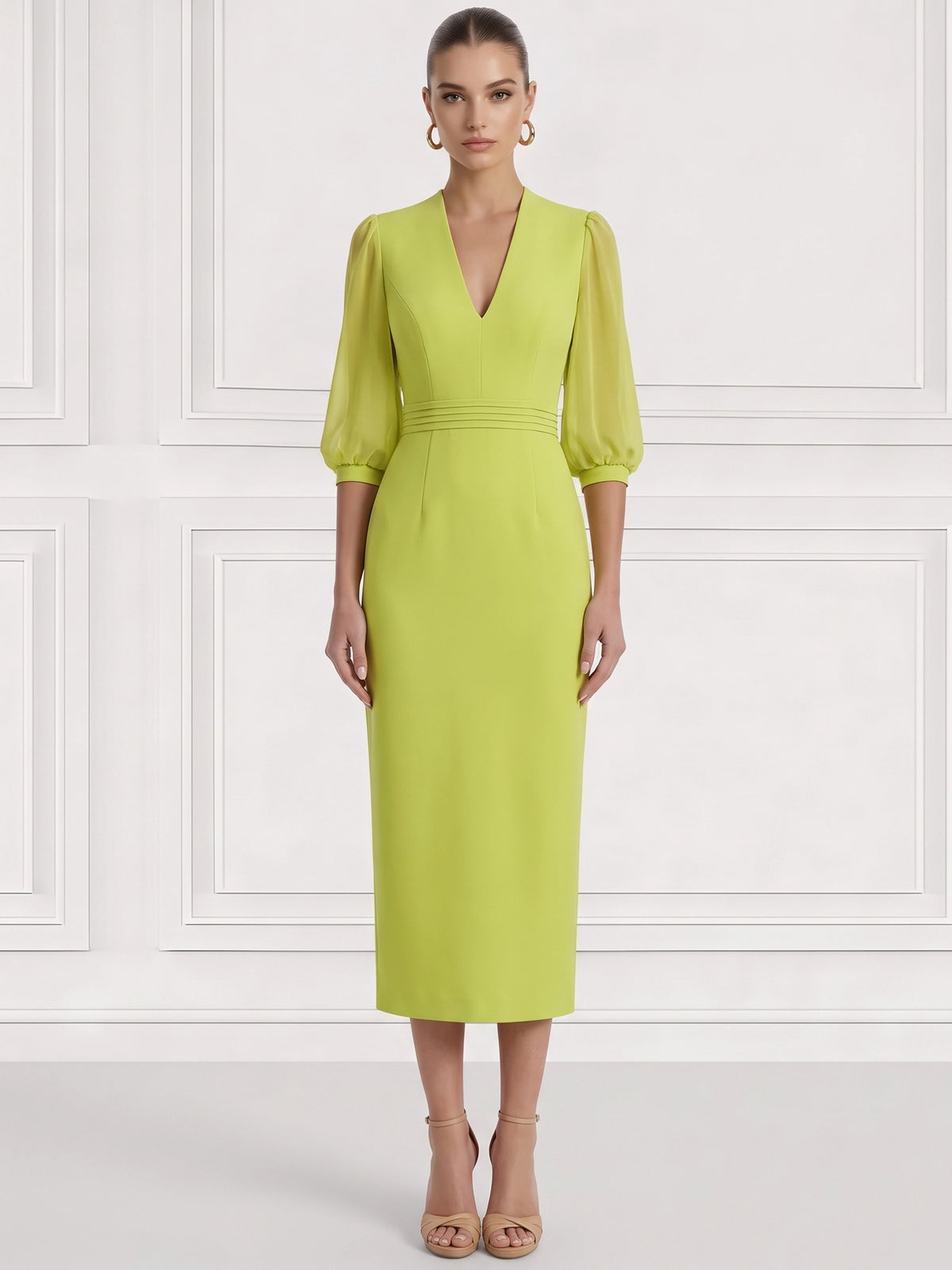 Sheath/Column Cocktail Party Dress V Neck Long Sleeves Ankle Length Formal Dress With Back Slit