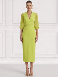 Sheath/Column Cocktail Party Dress V Neck Long Sleeves Ankle Length Formal Dress With Back Slit