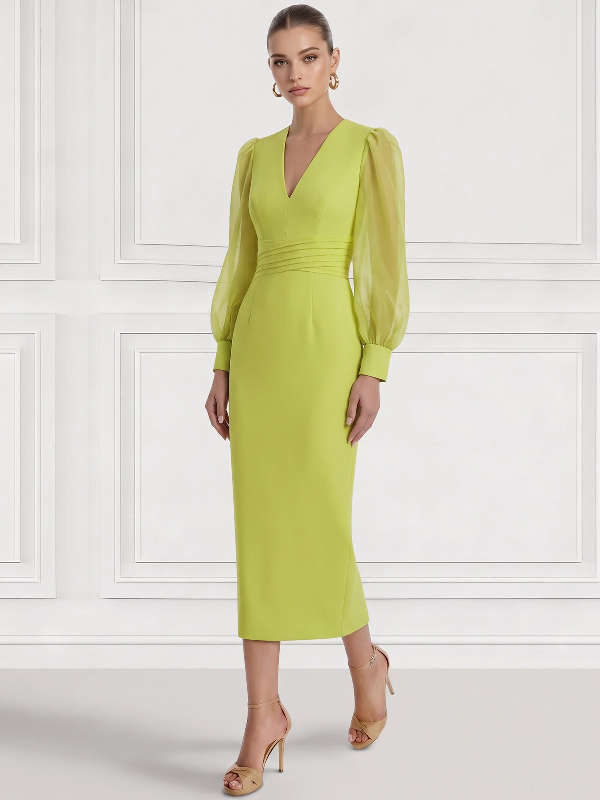 Sheath/Column Cocktail Party Dress V Neck Long Sleeves Ankle Length Formal Dress With Back Slit