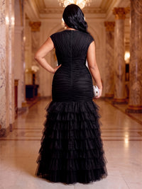 A-Line/Princess Plus Size Evening Dresses Elegant Tulle V-Neck Floor-Length Short Sleeves Ruched Tiered Ruffles Zipper