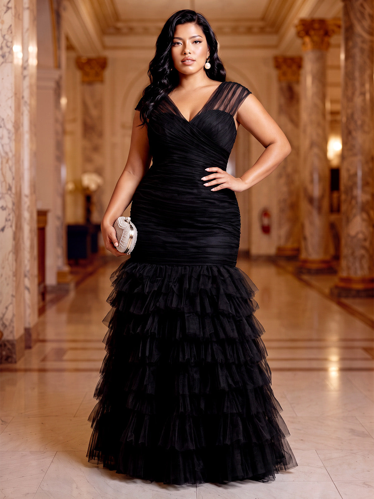 A-Line/Princess Plus Size Evening Dresses Elegant Tulle V-Neck Floor-Length Short Sleeves Ruched Tiered Ruffles Zipper