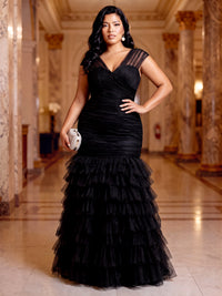 A-Line/Princess Plus Size Evening Dresses Elegant Tulle V-Neck Floor-Length Short Sleeves Ruched Tiered Ruffles Zipper