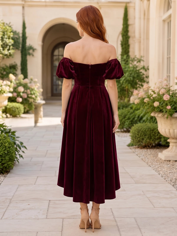 A-Line Velvet Cocktail Dress Tea High Low Length Off The Shoulder Puff Sleeves Elegant Burgundy Wedding Guest Formal Dress With Pocket