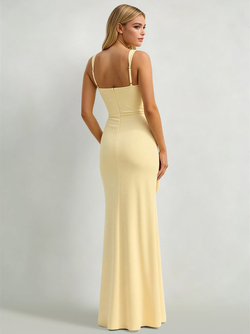 Sheath/Column Wedding Guest Dresses Square Neck Sleeveless Floor Length Simple Dress With Side Split Ruffles
