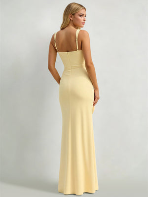 Sheath/Column Wedding Guest Dresses Square Neck Sleeveless Floor Length Simple Dress With Side Split Ruffles