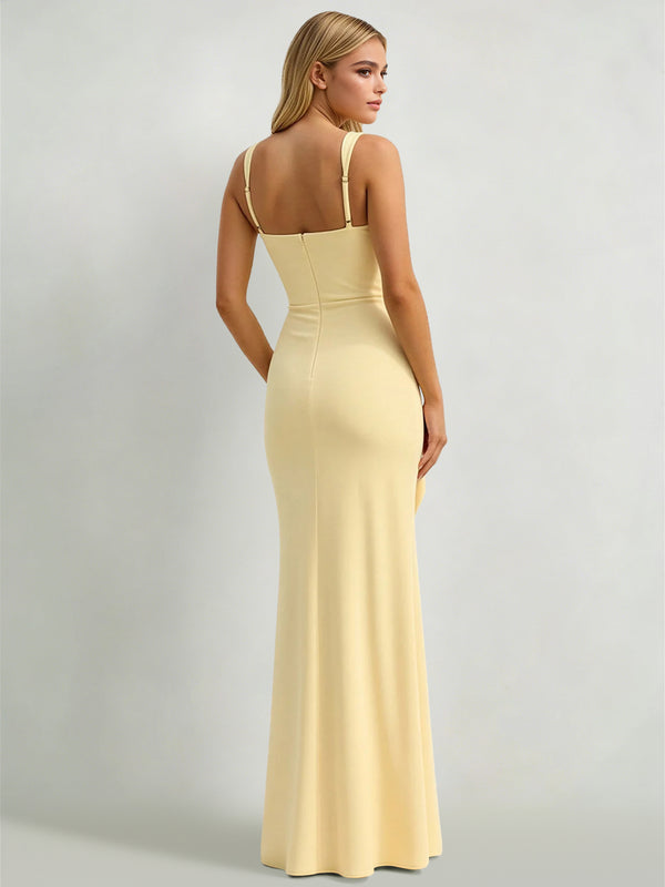 Sheath/Column Wedding Guest Dresses Square Neck Sleeveless Floor Length Simple Dress With Side Split Ruffles