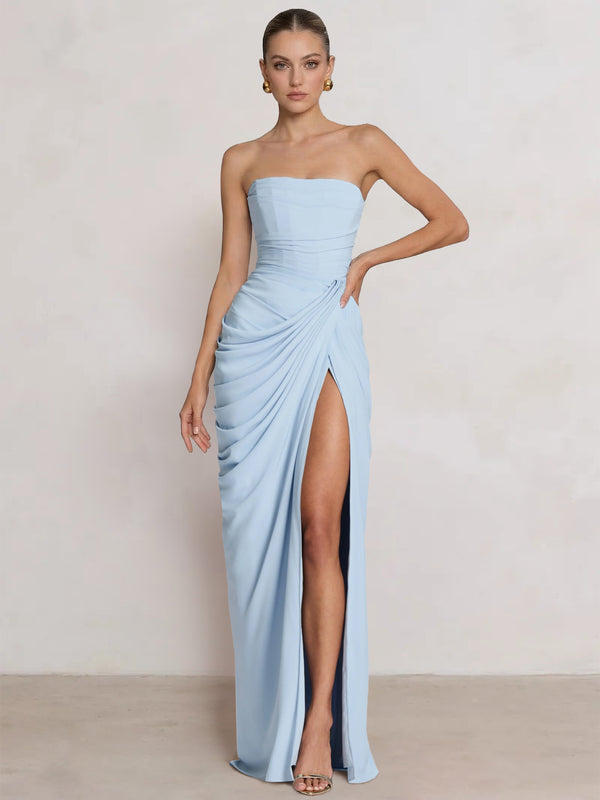 A-Line/Princess Prom Dresses Strapless  Floor-Length Side Split With Pleats&Back Lace-Up Long Prom Dresses
