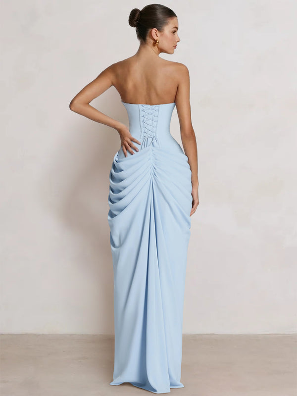 A-Line/Princess Prom Dresses Strapless  Floor-Length Side Split With Pleats&Back Lace-Up Long Prom Dresses