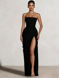 A-Line/Princess Prom Dresses Strapless  Floor-Length Side Split With Pleats&Back Lace-Up Long Prom Dresses