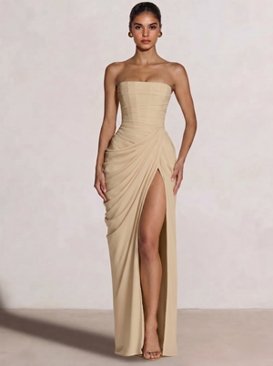 A-Line/Princess Prom Dresses Strapless  Floor-Length Side Split With Pleats&Back Lace-Up Long Prom Dresses