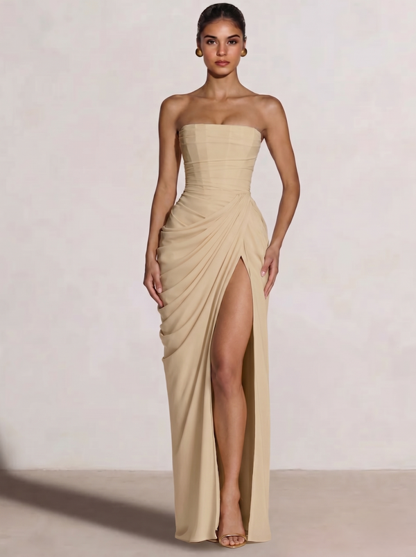 A-Line/Princess Prom Dresses Strapless  Floor-Length Side Split With Pleats&Back Lace-Up Long Prom Dresses