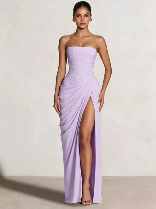 A-Line/Princess Prom Dresses Strapless  Floor-Length Side Split With Pleats&Back Lace-Up Long Prom Dresses