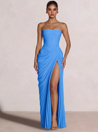A-Line/Princess Prom Dresses Strapless  Floor-Length Side Split With Pleats&Back Lace-Up Long Prom Dresses