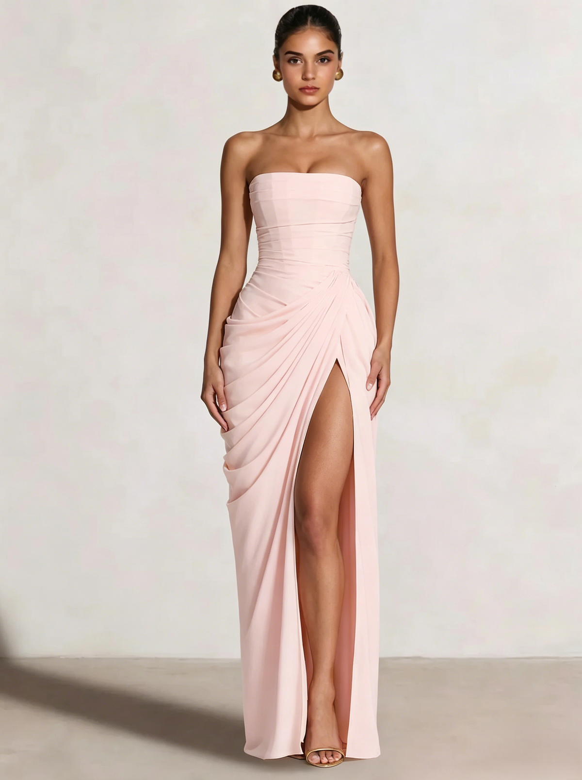 Nafori Champagne A-Line/Princess Prom Dresses Strapless Floor-Length Side Split With Back Lace-Up Long Prom Dresses 2026