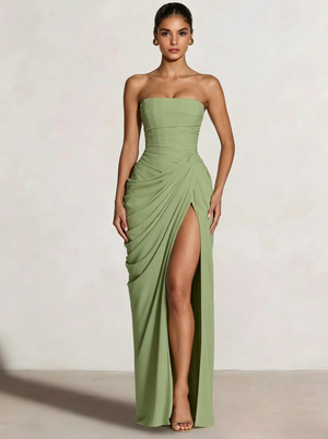 A-Line/Princess Prom Dresses Strapless  Floor-Length Side Split With Pleats&Back Lace-Up Long Prom Dresses