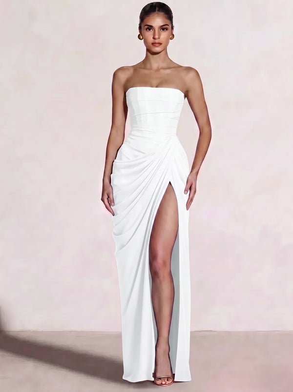 A-Line/Princess Prom Dresses Strapless  Floor-Length Side Split With Back Lace-Up Long Prom Dresses