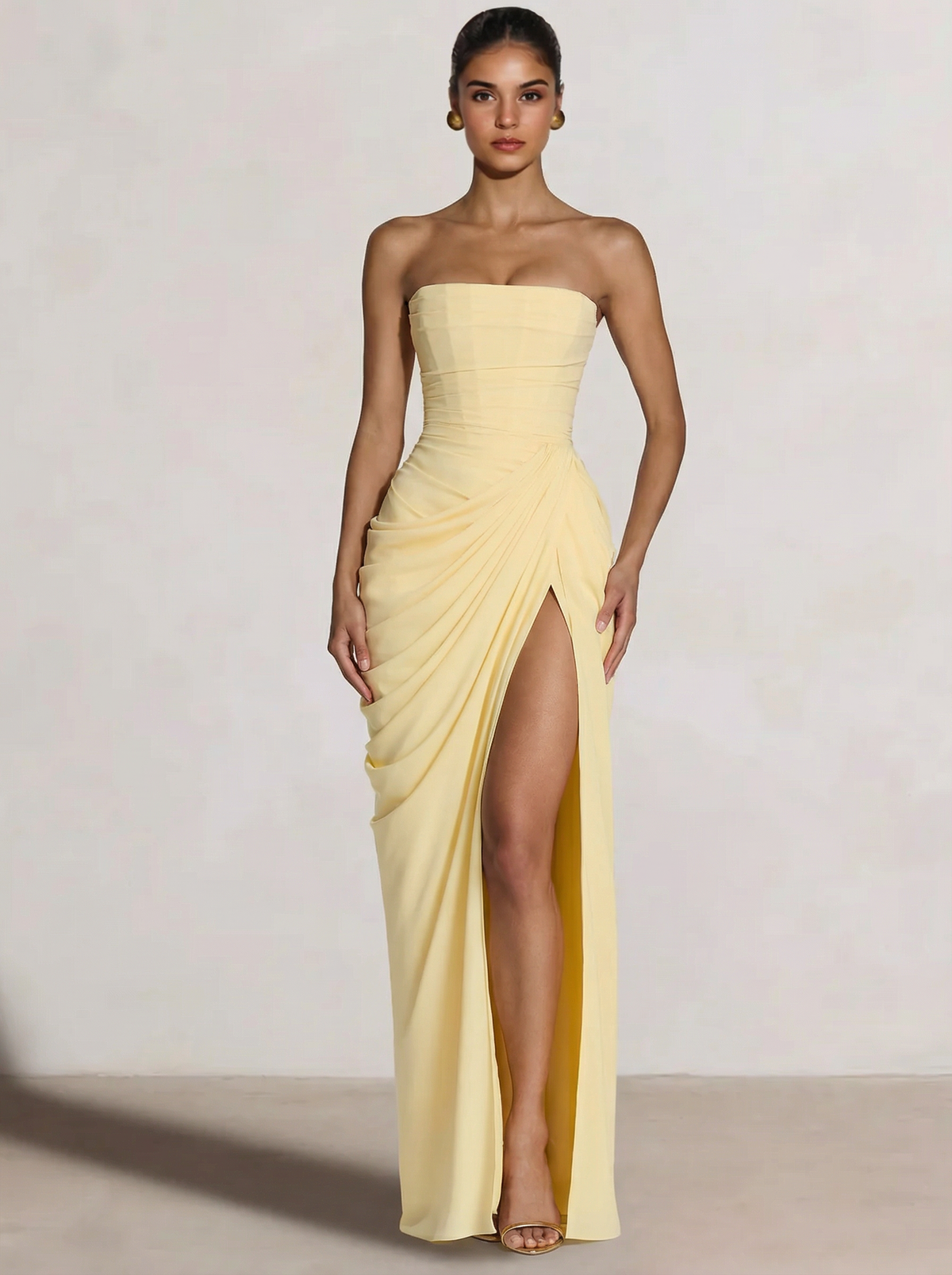 Nafori Yellow A-Line/Princess Prom Dresses Strapless Floor-Length Side Split With Back Lace-Up Long Prom Dresses 2026