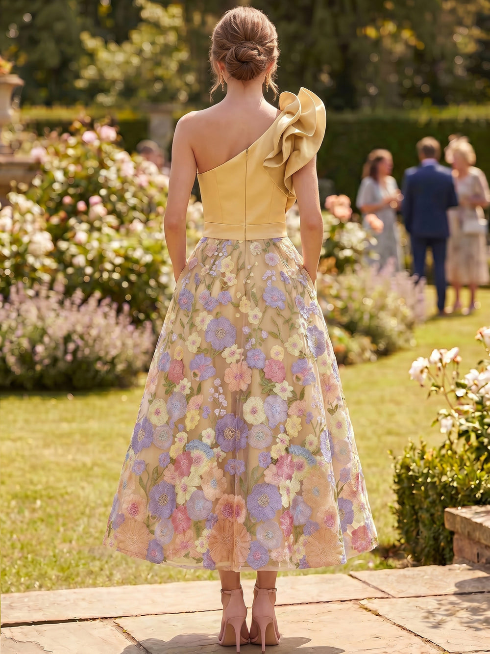 A Line Elegant Cocktail Dress Ankle Length Dresses Floral Wedding Sleeveless One Shoulder Floral Embroiery Dress With Pocket