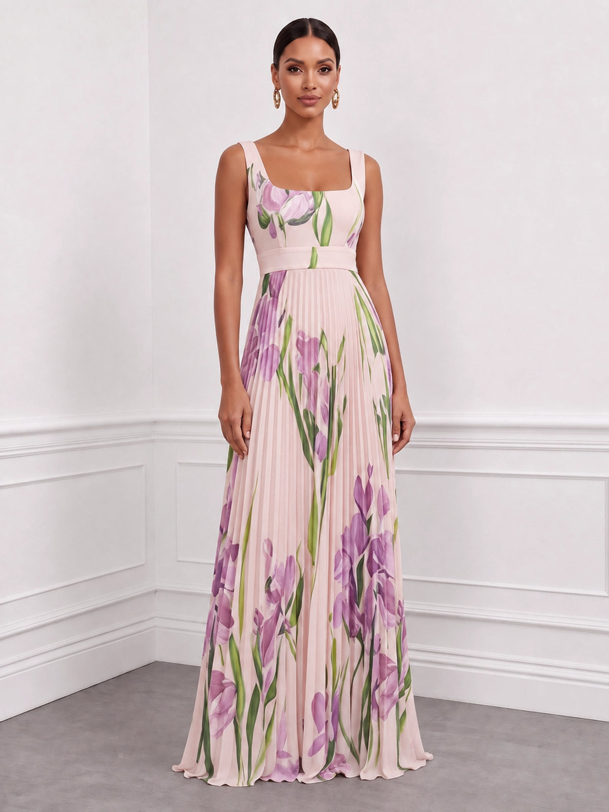 A-Line/Princess Evening Dresses Printed Chiffon Square Neck Sleeveless Floor-length Sash Zipper