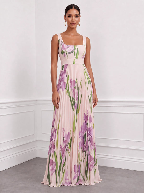 A-Line/Princess Evening Dresses Printed Chiffon Square Neck Sleeveless Floor-length Sash Zipper