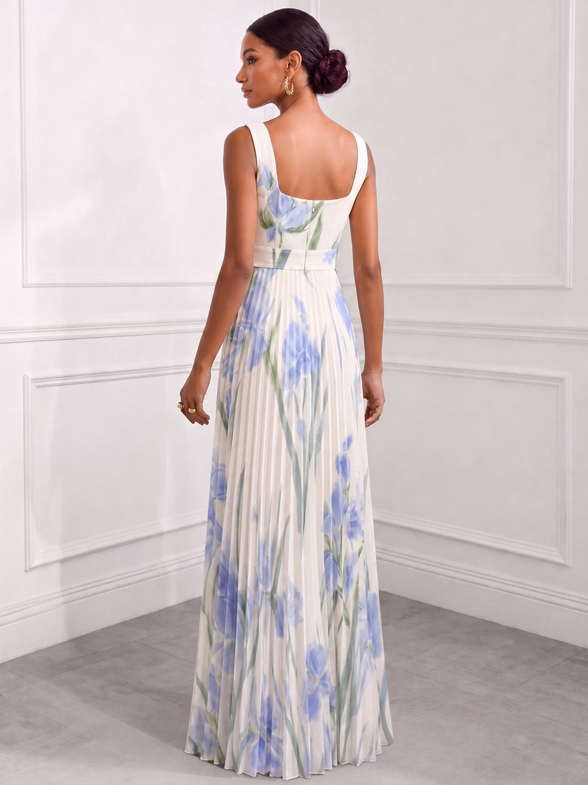 A-Line/Princess Evening Dresses Printed Chiffon Square Neck Sleeveless Floor-length Sash Zipper