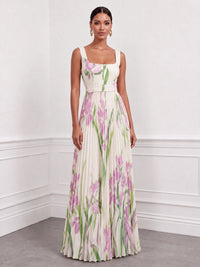 A-Line/Princess Evening Dresses Printed Chiffon Square Neck Sleeveless Floor-length Sash Zipper