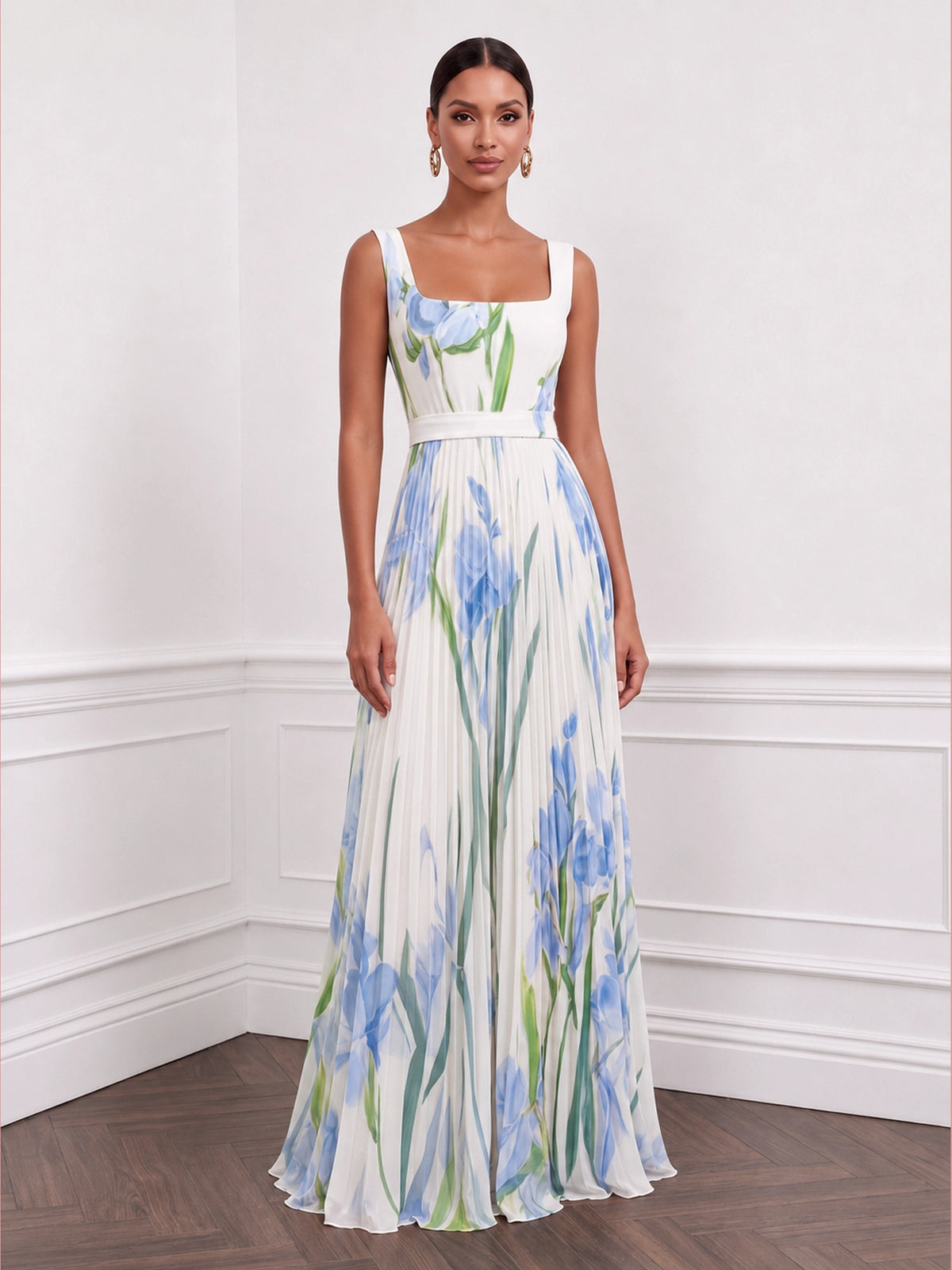 A-Line/Princess Evening Dresses Printed Chiffon Square Neck Sleeveless Floor-length Sash Zipper