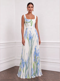 A-Line/Princess Evening Dresses Printed Chiffon Square Neck Sleeveless Floor-length Sash Zipper