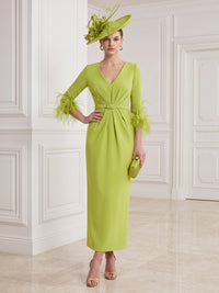 Sheath/Column Cocktail Party Dress V Neck Long Sleeves Ankle Length Formal Dress With Feathers Fur Back Slit