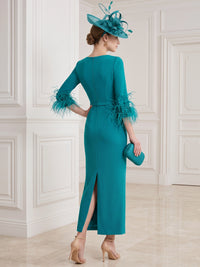 Sheath/Column Cocktail Party Dress V Neck Long Sleeves Ankle Length Formal Dress With Feathers Fur Back Slit