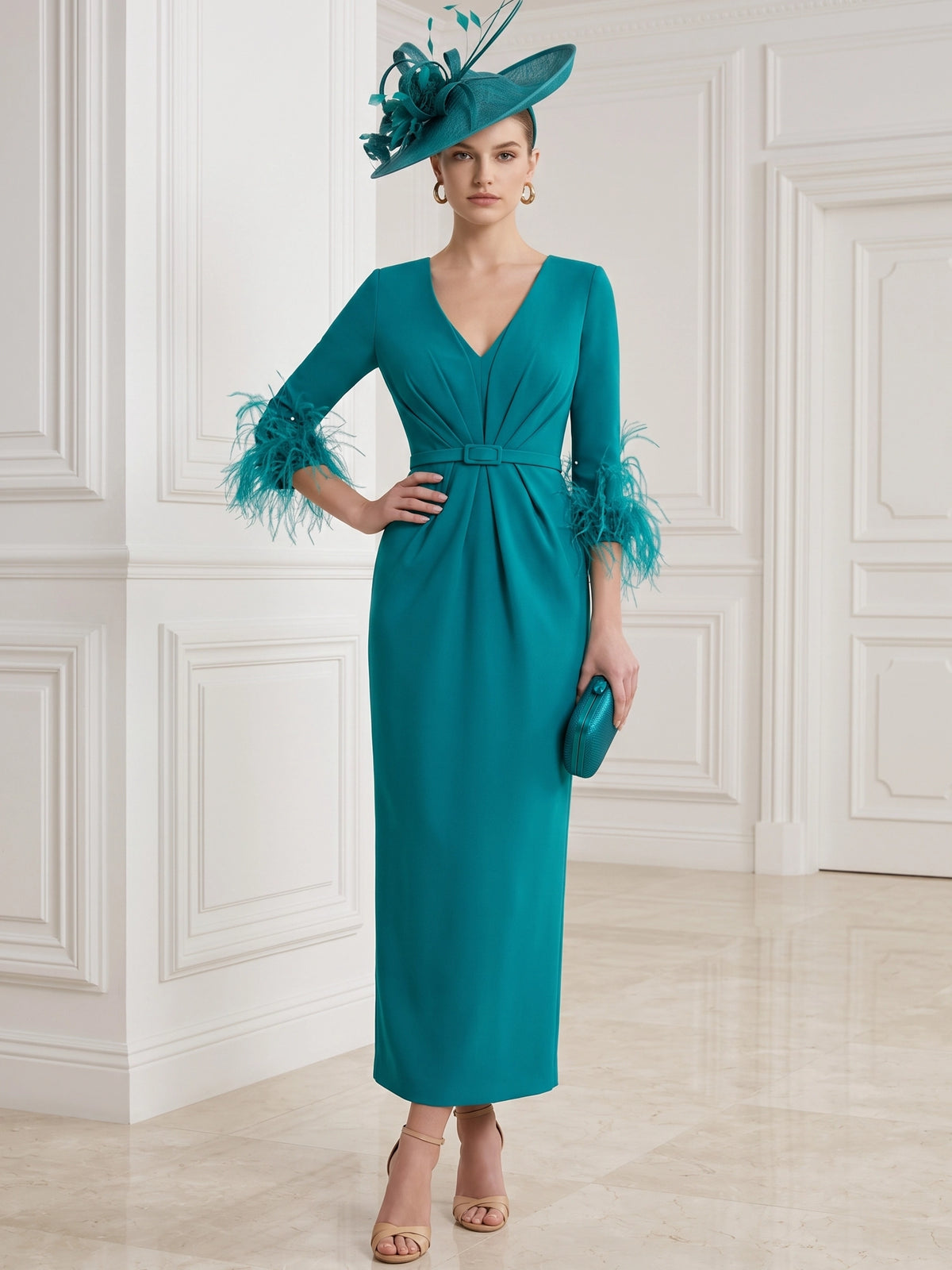 Sheath/Column Cocktail Party Dress V Neck Long Sleeves Ankle Length Formal Dress With Feathers Fur Back Slit