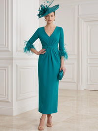 Sheath/Column Cocktail Party Dress V Neck Long Sleeves Ankle Length Formal Dress With Feathers Fur Back Slit