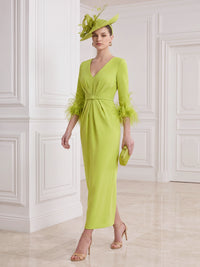 Sheath/Column Cocktail Party Dress V Neck Long Sleeves Ankle Length Formal Dress With Feathers Fur Back Slit
