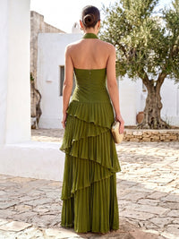 A-Line/Princess Formal Dresses Chiffon Halter Neck Sleeveless Floor-Length Ruched Tiered Ruffles With 3D Flower Zipper