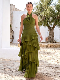 A-Line/Princess Formal Dresses Chiffon Halter Neck Sleeveless Floor-Length Ruched Tiered Ruffles With 3D Flower Zipper