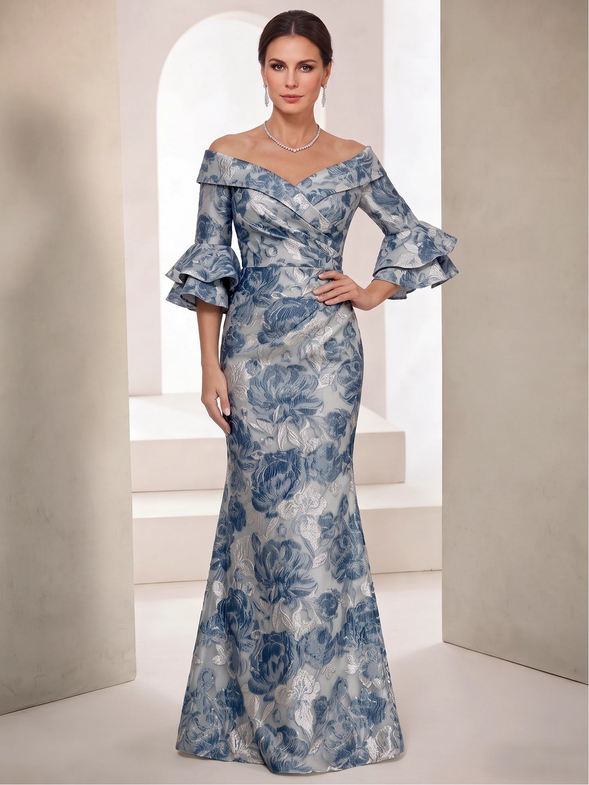 Mermaid Mother Of The Bride Dress Elegant Formal Gown Off The Shoulder Wedding Guest Floor Length 3/4 Sleeves Jacquard Dresses