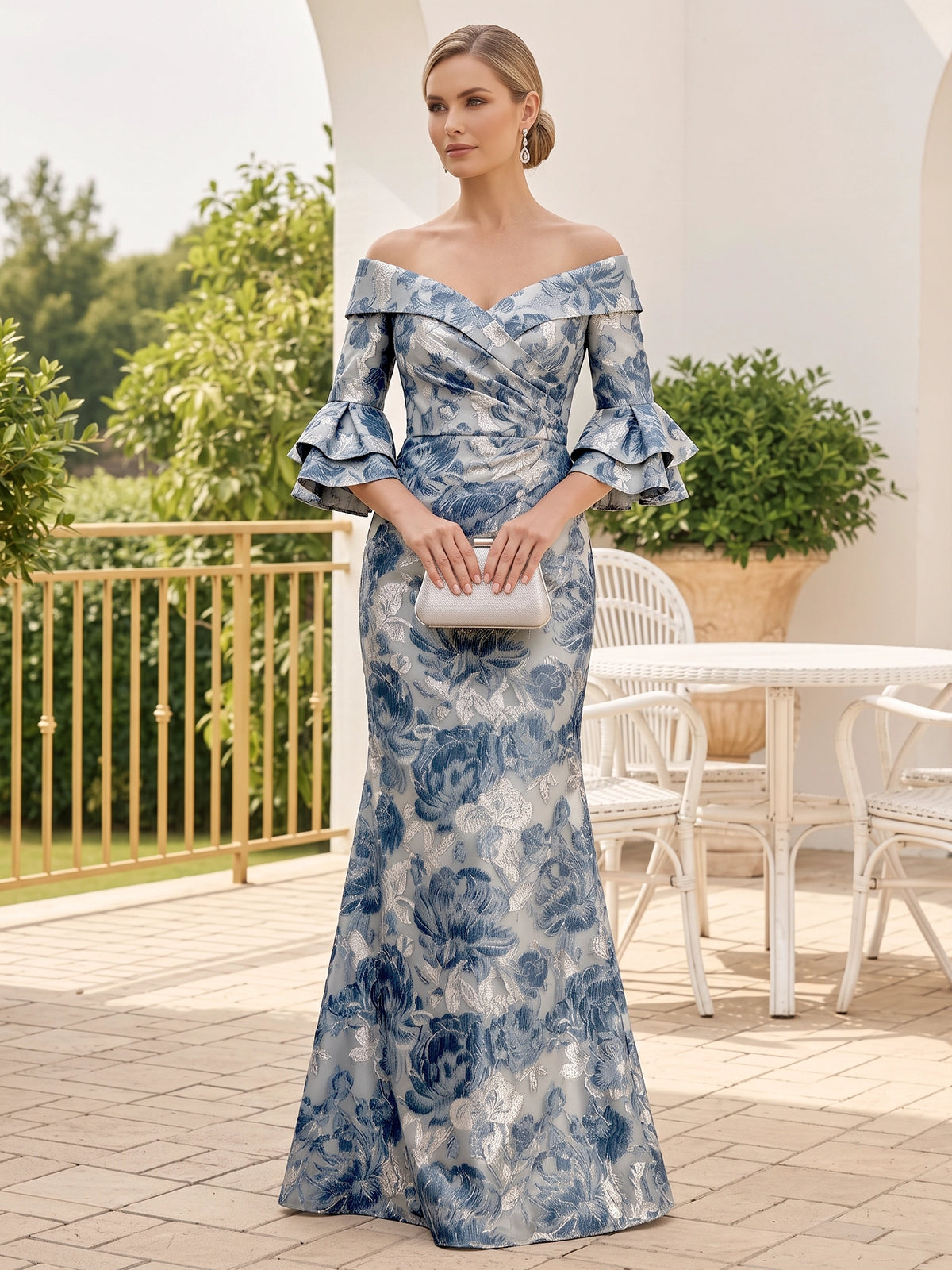 Mermaid Mother Of The Bride Dress Elegant Formal Gown Off The Shoulder Wedding Guest Floor Length 3/4 Sleeves Jacquard Dresses
