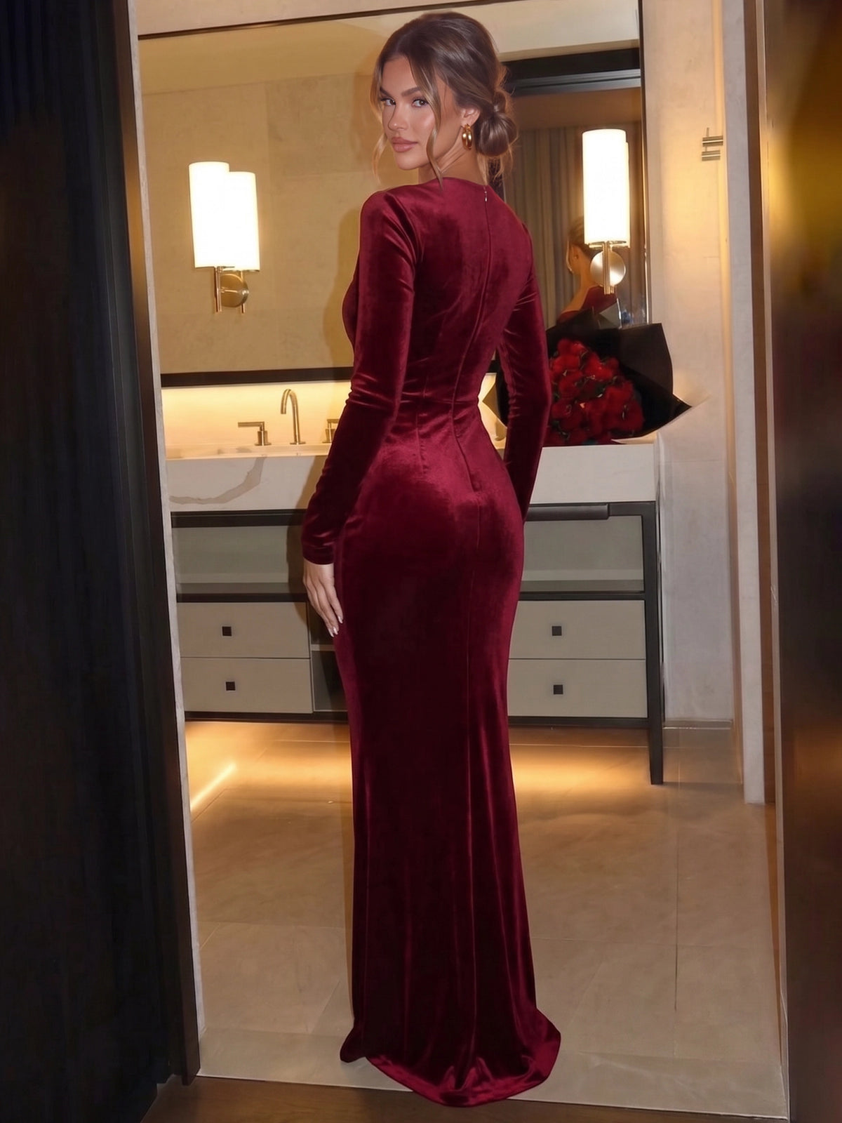Mermaid Velvet Evening Gown Floor Length Sweetheart Burgundy Long Sleeves Runched Formal Wedding Guest Dress With High Slit