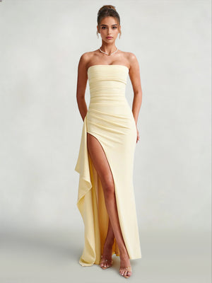Sheath/Column Elegant Wedding Guest Dresses Strapless Sleeveless Floor Length Simple Dress With Side Split Ruffles