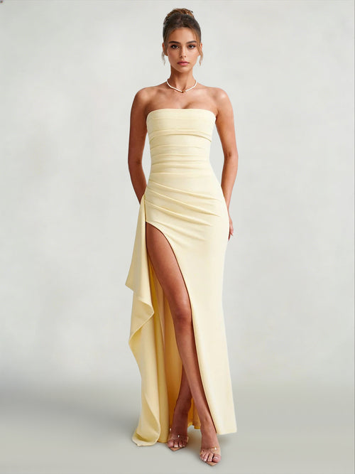 Sheath/Column Elegant Wedding Guest Dresses Strapless Sleeveless Floor Length Simple Dress With Side Split Ruffles