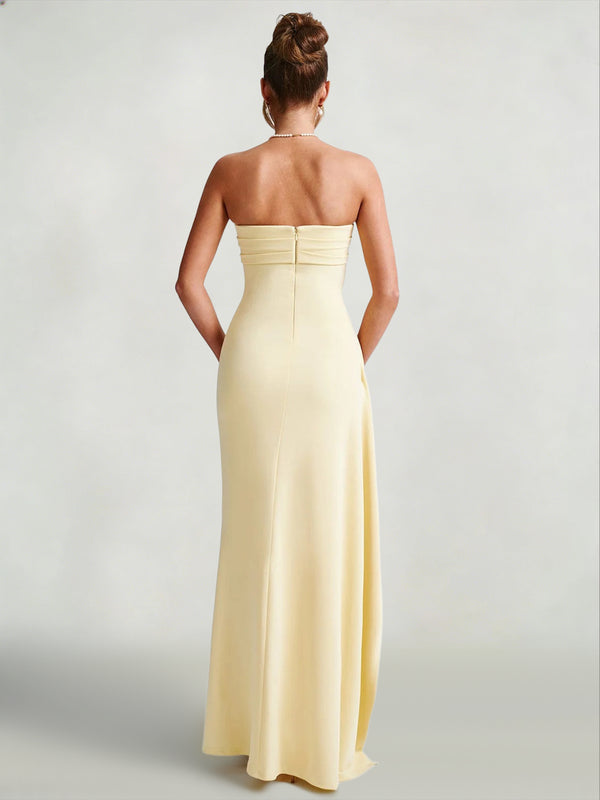 Sheath/Column Elegant Wedding Guest Dresses Strapless Sleeveless Floor Length Simple Dress With Side Split Ruffles