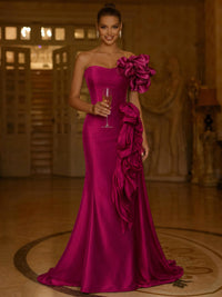 A-Line/Princess Evening Dresses Elegant Satin Strapless Floor-Length Formal Dress With Shoulder Ruffled Edges