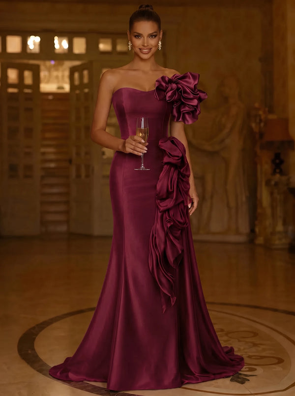 A-Line/Princess Evening Dresses Elegant Satin Strapless Floor-Length Formal Dress With Shoulder Ruffled Edges