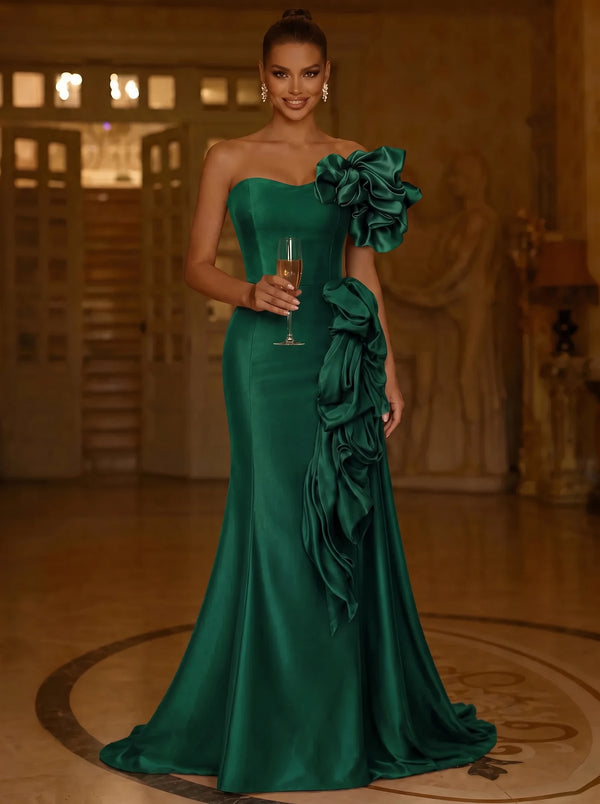 A-Line/Princess Evening Dresses Elegant Satin Strapless Floor-Length Formal Dress With Shoulder Ruffled Edges