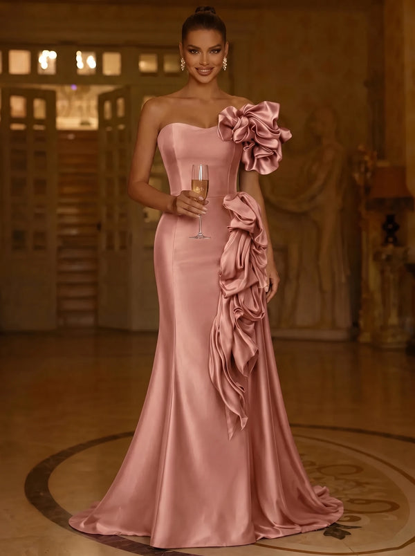 A-Line/Princess Evening Dresses Elegant Satin Strapless Floor-Length Formal Dress With Shoulder Ruffled Edges