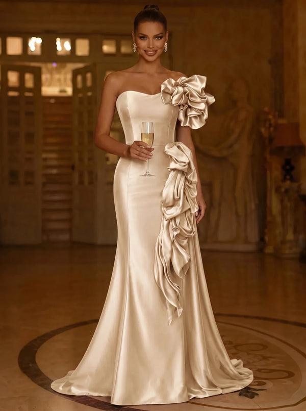 A-Line/Princess Evening Dresses Elegant Satin Strapless Floor-Length Formal Dress With Shoulder Ruffled Edges