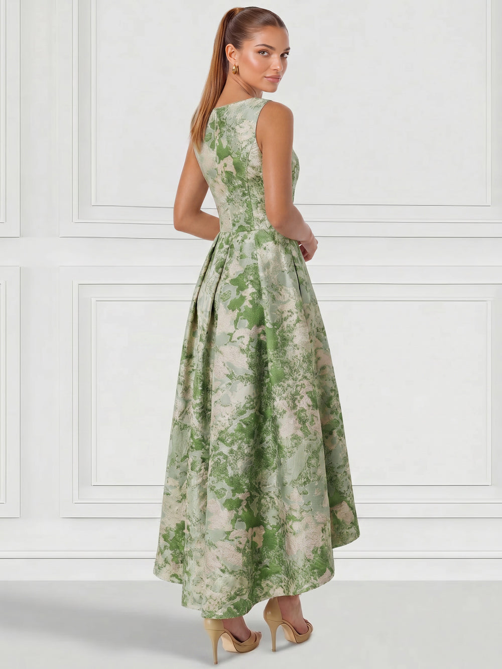 A-Line Cocktail Dress Elegant Stain Jacquard Floral Dress High Low Tea-Length Sleeveless Round Neck with Pocket Wedding Guest Dress