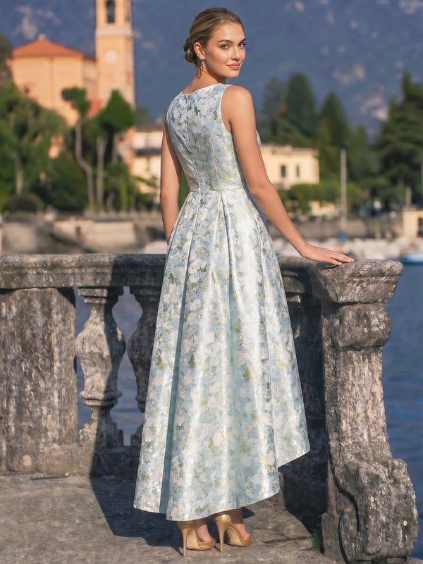A-Line Cocktail Dress Elegant Stain Jacquard Floral Dress High Low Tea-Length Sleeveless Round Neck with Pocket Wedding Guest Dress